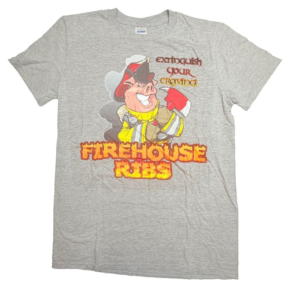 Firehouse Ribs Extinguish Your Craving T-Shirt Men's‎ M Gildan Softstyle Gray